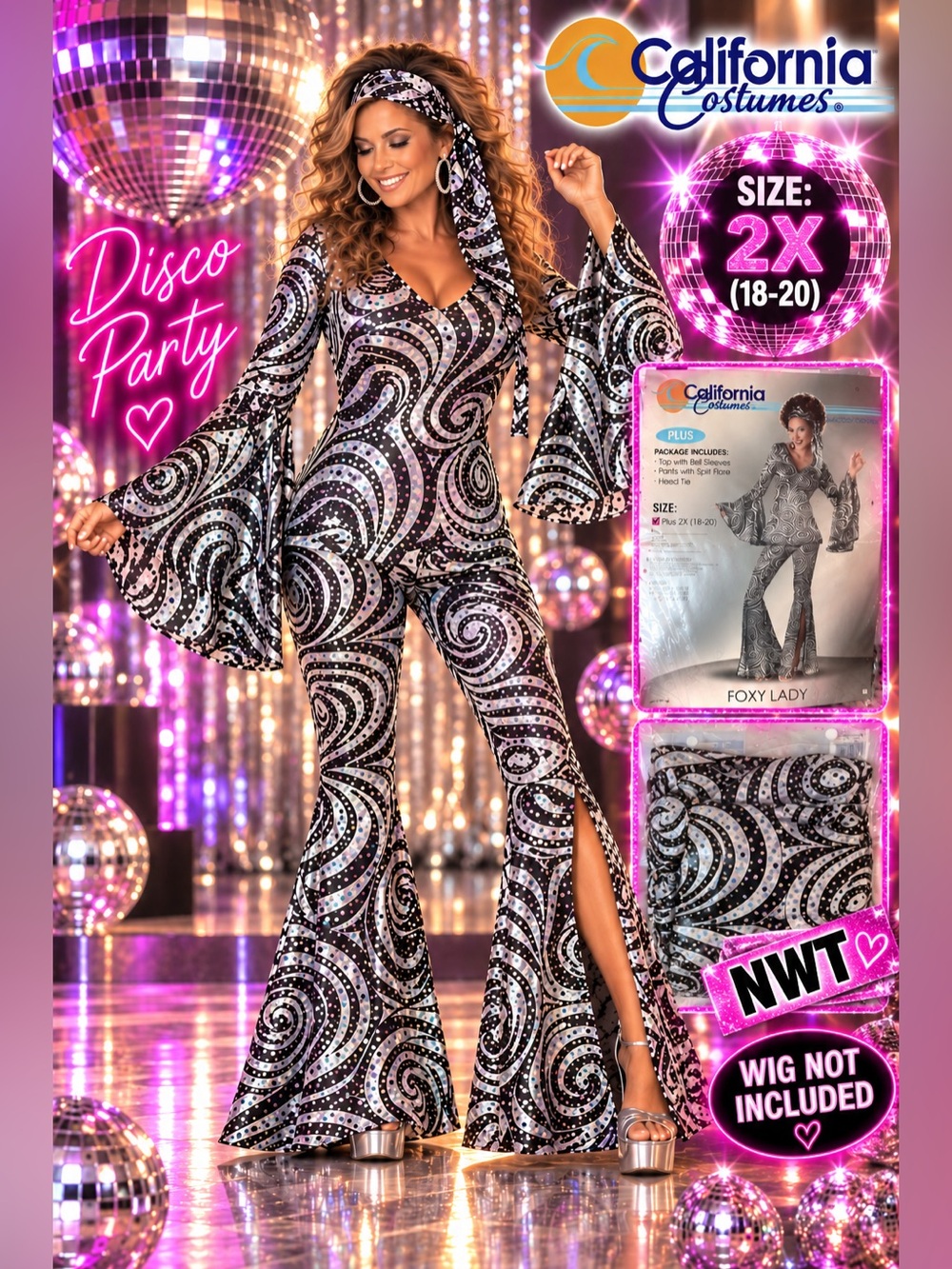 California Costumes Foxy Lady Disco Costume Sequin Flare Costume Black & White